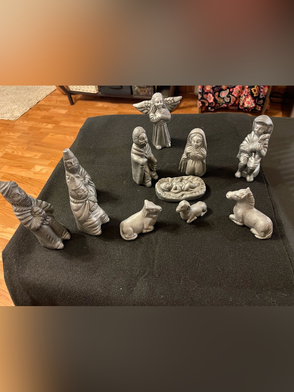 Vintage! Unique! Han carved clay. Silver painted Nativity Set - 11 Pieces
